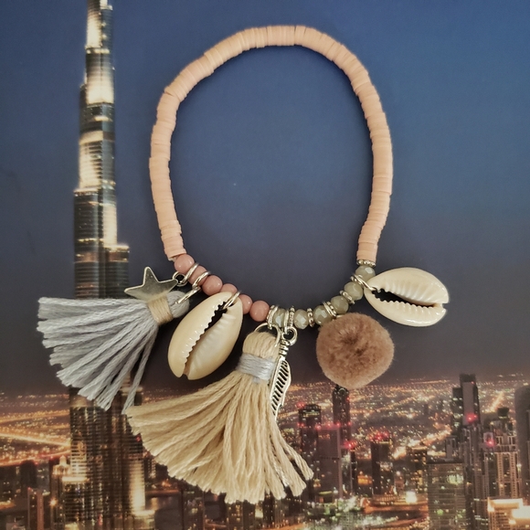 Boho Jewelry Bracelet for Women, Colorful Clay Beads with Tassel Shell - Picture 3 of 7
